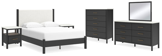 Cadmori Queen Upholstered Panel Bed with Mirrored Dresser, Chest and 2 Nightstands