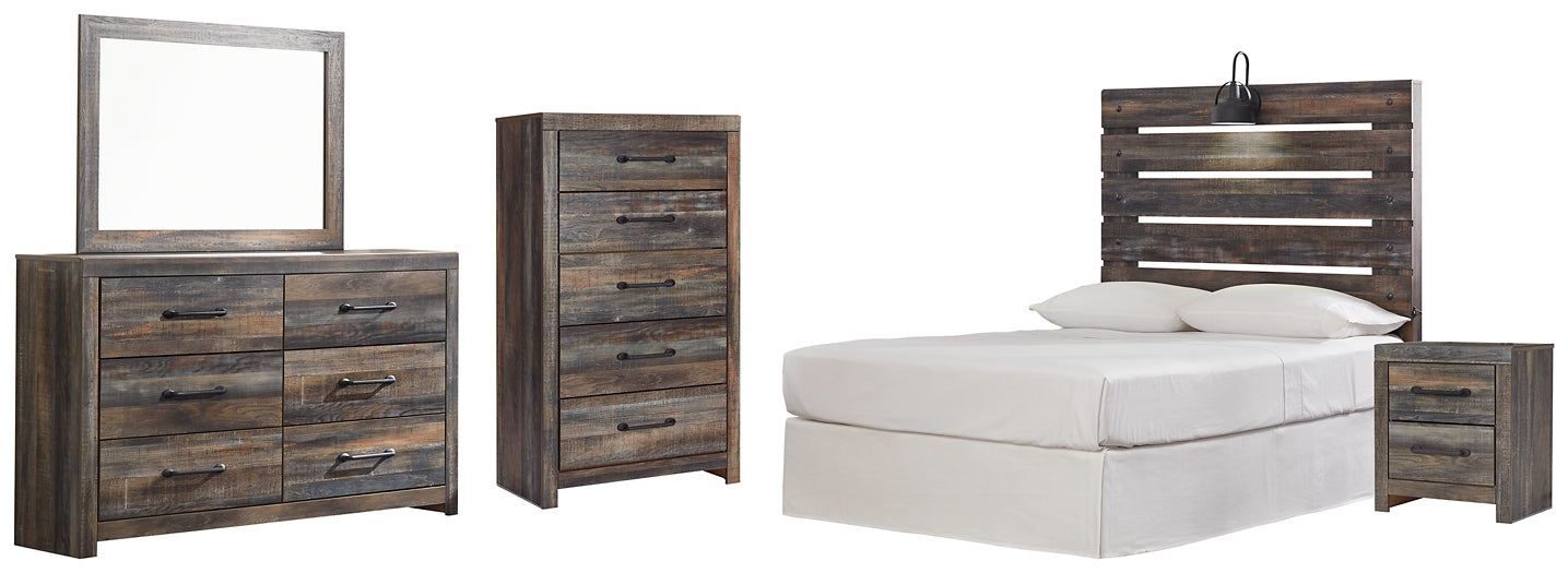 Drystan Full Panel Headboard Bed with Mirrored Dresser, Chest and Nightstand