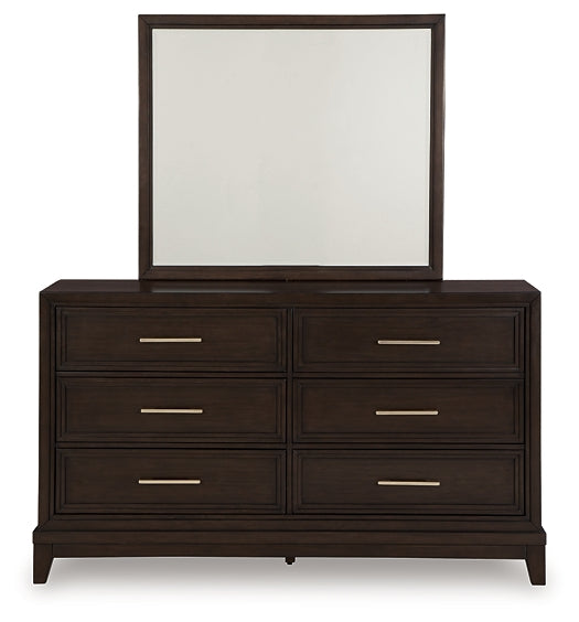 Neymorton California King Upholstered Panel Bed with Mirrored Dresser