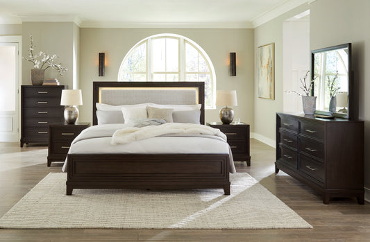 Neymorton California King Upholstered Panel Bed with Mirrored Dresser, Chest and Nightstand