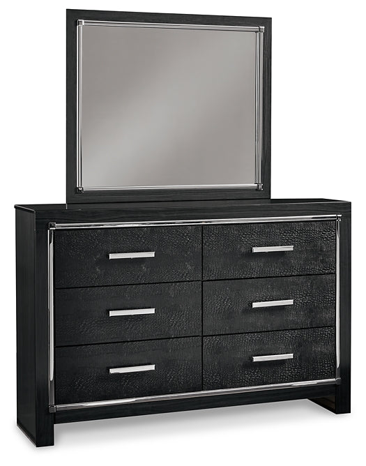 Kaydell King/California King Upholstered Panel Headboard with Mirrored Dresser and 2 Nightstands