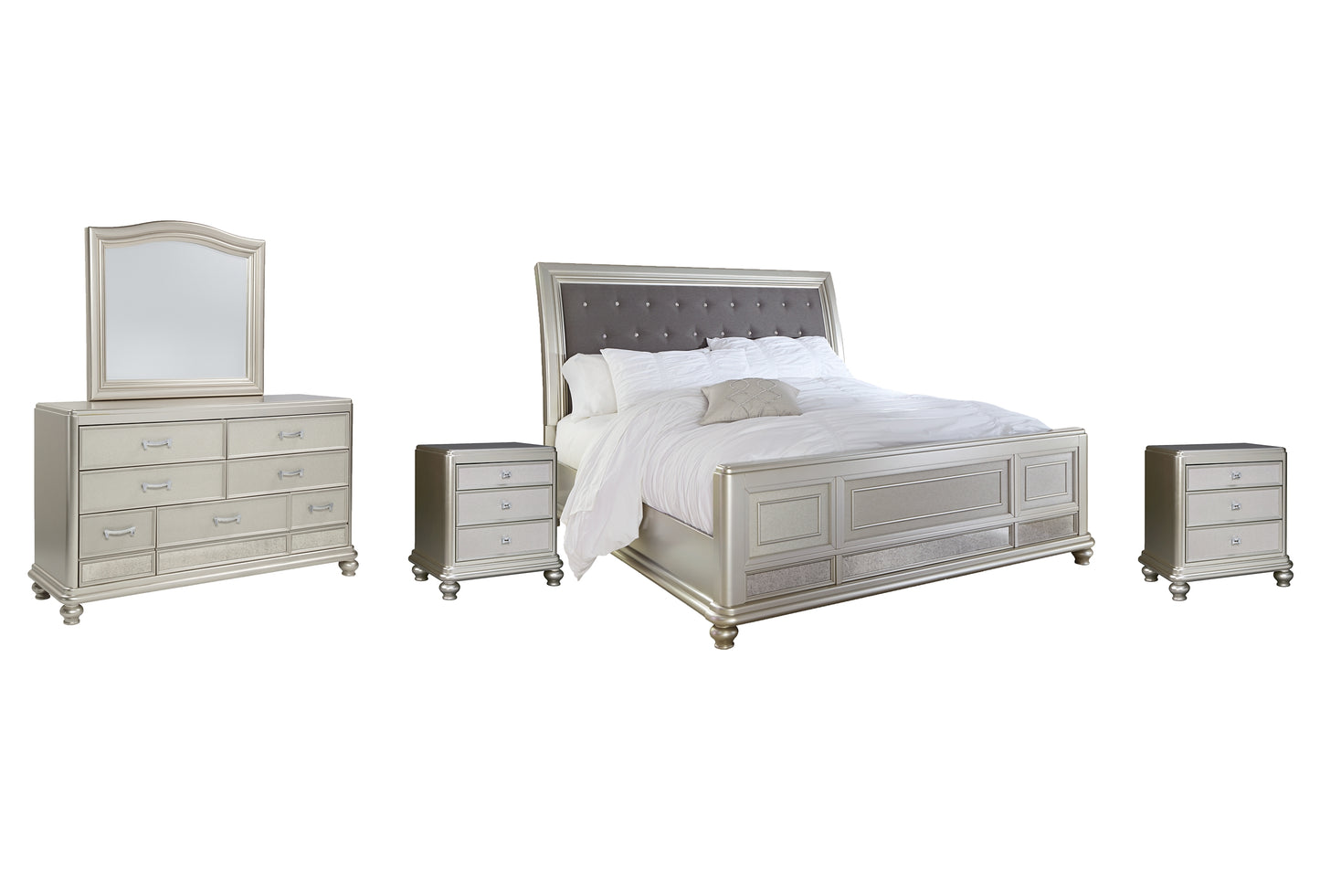 Coralayne California King Upholstered Sleigh Bed with Mirrored Dresser and 2 Nightstands