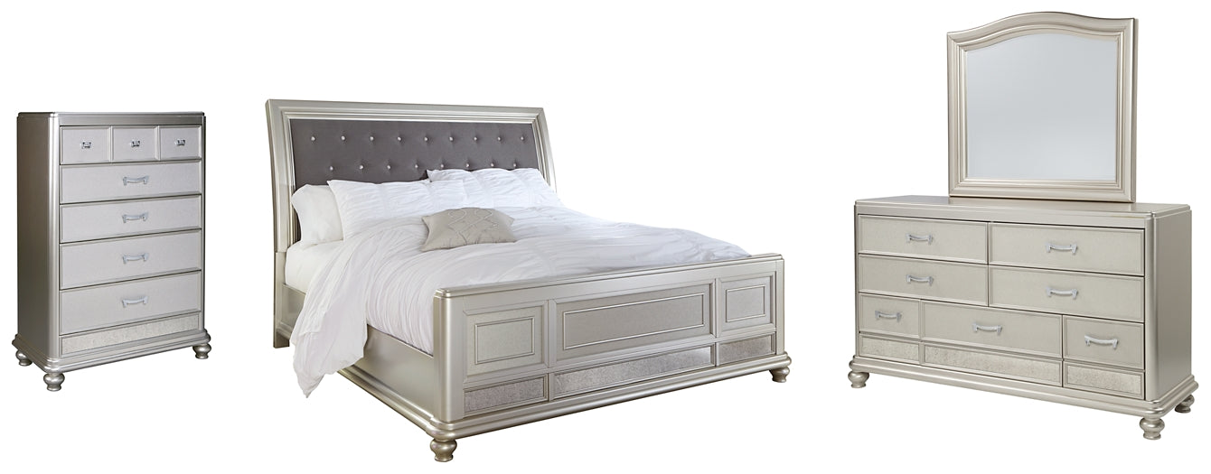 Coralayne King Upholstered Sleigh Bed with Mirrored Dresser and Chest