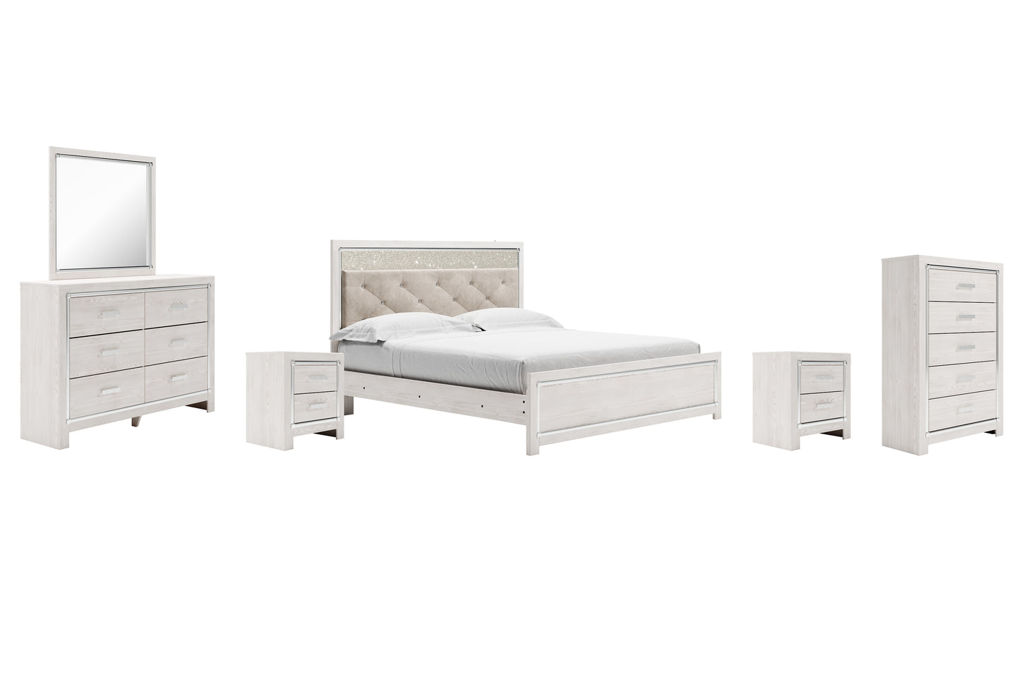 Altyra King Panel Bed with Mirrored Dresser, Chest and 2 Nightstands